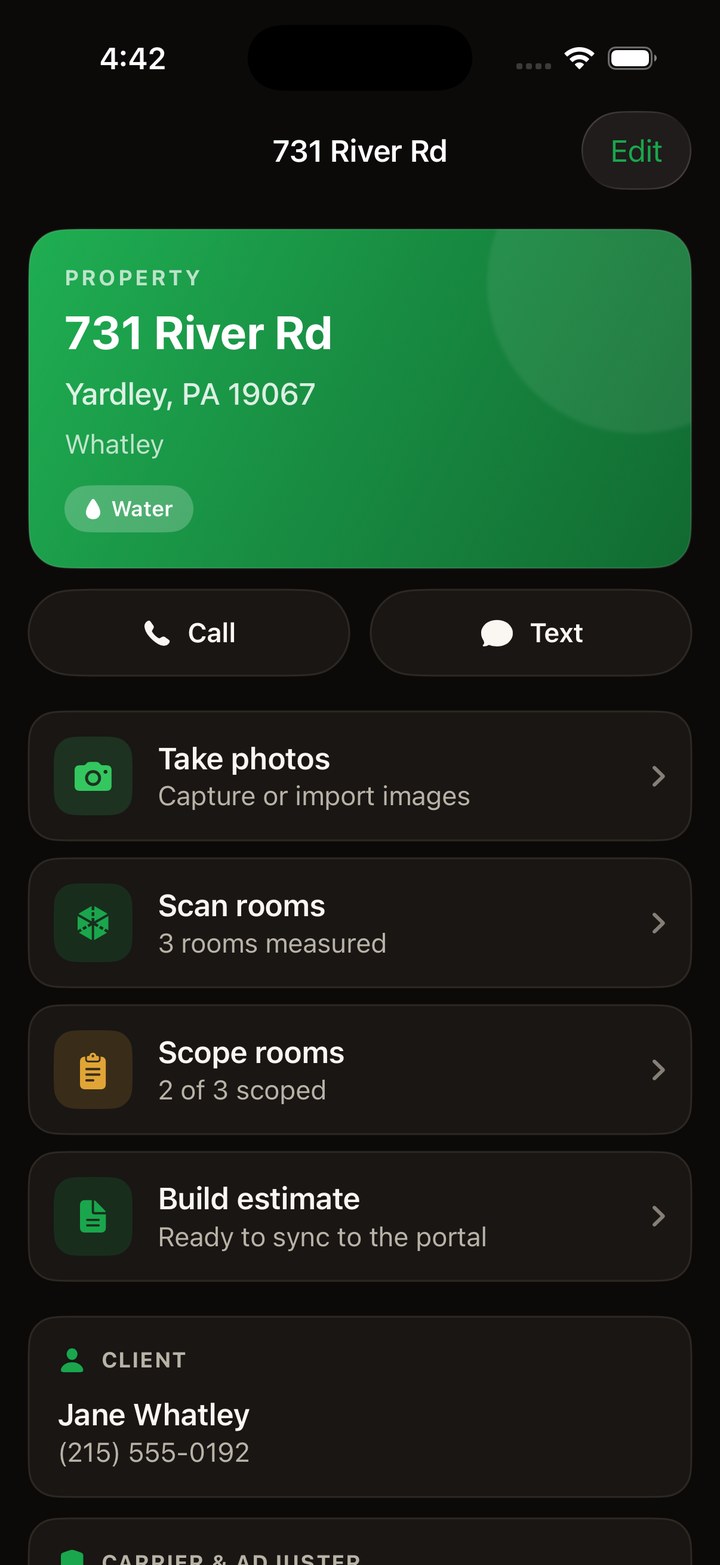 The Axiom iOS app on a water loss job, with actions to take photos, scan rooms, scope rooms, and build the estimate.