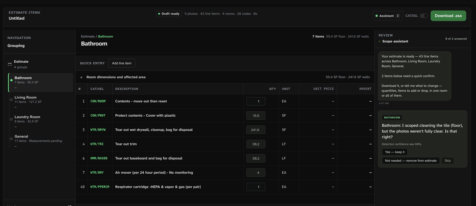 The Axiom estimate workspace in a browser: a draft organized by room with Xactimate codes and editable quantities.