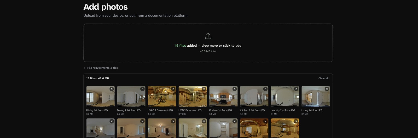 The Axiom upload screen with fifteen jobsite photos added, each named by room and floor.