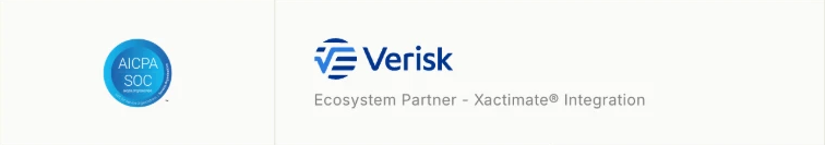 Rebuild's website footer: an AICPA SOC badge beside a Verisk logo labeled Ecosystem Partner - Xactimate® Integration.