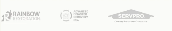 The customer logo row on Rebuild's homepage: Rainbow Restoration, Advanced Disaster Recovery Inc., and Servpro.