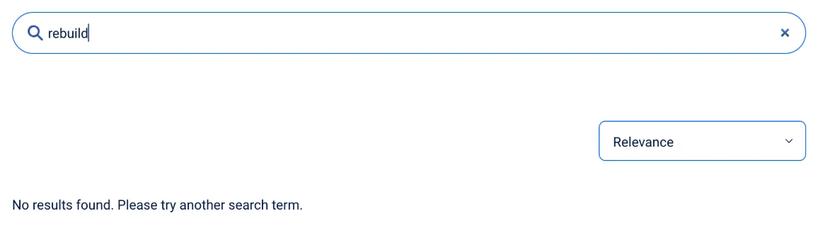 Verisk's partner directory with rebuild typed in the search box and the message: No results found. Please try another search term.