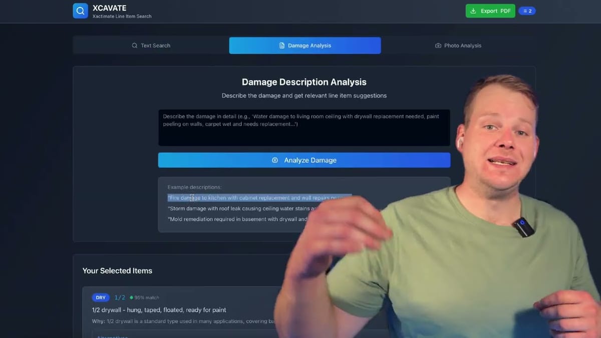 AI search engine returning ranked Xactimate line item codes with confidence scores