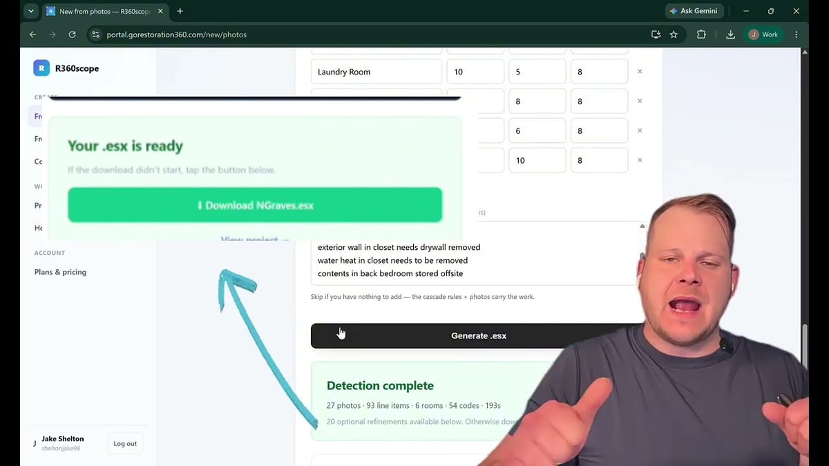 The detection results screen showing line items and rooms built from the uploaded job site photos.