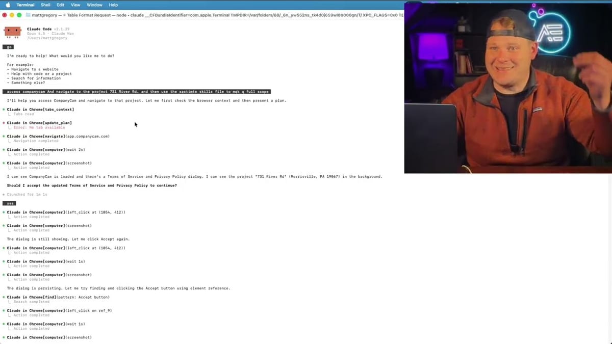 A terminal session where the coding agent works through CompanyCam photos and a file of Xactimate codes.