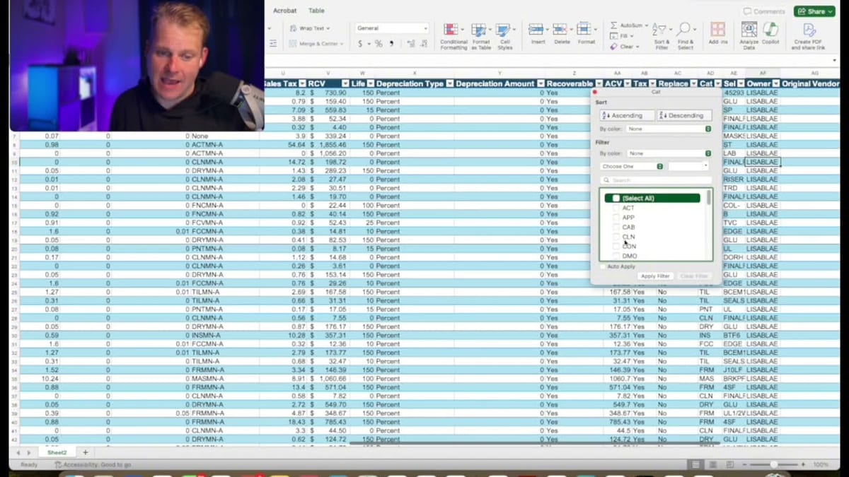 Xactimate estimate exported to Excel with filtered categories and an auto-summed RCV column